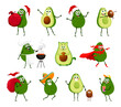 Cartoon avocado characters vector set. Santa Claus with gifts bag, avocat animal, mariachi in sombrero, superhero, chief cooking barbeque meals. Parent with baby seed, boy in cap drinking cocktail
