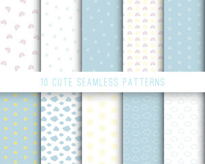 Wall Mural - Cute sky seamless pattern set. Simple nursery art for baby. White and blue stars, sun, clouds and rainbow on blue and white background. Vector illustration.