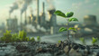 Growing plants in various environments There is a factory industry that emits pollution in the background.