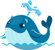 Cartoon cute kawaii whale character of sea animal for kids, isolated vector. Funny big whale on waves splashing water fountain for kids swimming pool, oceanarium or child t-shirt and nursery print