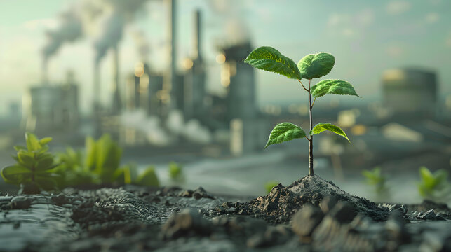 growing plants in various environments there is a factory industry that emits pollution in the backg