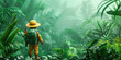 Explorer with backpack and hat standing in the heart of the lush tropical jungle surrounded by greenery