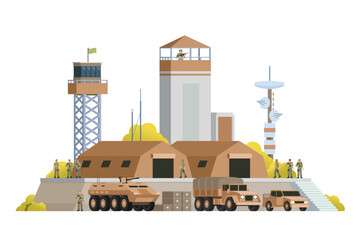 Canvas Print - Vector military base building and vehicle or infographic elements military base buildings for city illustration