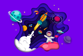 Poster - Cartoon galaxy space paper cut banner with rocket launch and kid astronaut, vector background. Outer space adventure and galaxy exploration with kid spaceman with spaceship, alien UFO and asteroids