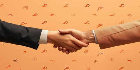 Wall Mural - Business people shaking hands over orange background with pins in the background