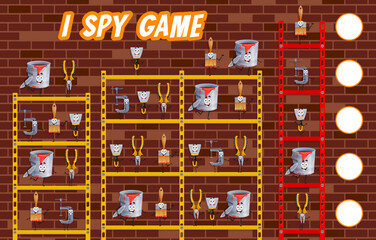 Aufkleber - I spy game worksheet with cartoon DIY and repair tools characters, vector puzzle quiz. Kids game to find and match same funny tools of carpentry vise, woodworking pliers and paintbrush with bucket