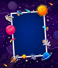 Poster - Birthday photo frame with kid astronauts in galaxy space and alien UFO, cartoon vector background. Photo frame border with kid spaceman, rocket spaceship on Saturn planet and asteroids in starry sky
