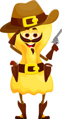 Sticker - Cartoon Italian pasta cowboy with revolver gun in sheriff sombrero, vector character. Farfalle pasta as Western bandit robber or Wild West ranger cowboy in boots with bandoleer, funny pasta personage