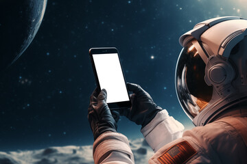 Astronaut holding blank screen smartphone mockup on space background