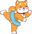 Cartoon japanese happy shiba inu ballerina puppy dog character. Cute kawaii pet personage. Isolated vector whimsical pup wears tutu, pirouettes gracefully on stage, executing adorable ballet moves