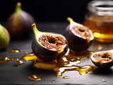 A fig split open, drizzled with golden honey
