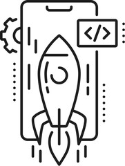 Poster - Launching the app, web app develop and optimization icon. Mobile application launch or service development outline pictogram, web network software testing thin line vector icon with taking off rocket