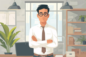 Wall Mural - Businessman standing in a minimalist office workplace background, business infographics elements, man works at office vector illustration, work from home freelancer concept, employee cartoon character