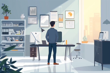 Wall Mural - Businessman standing in a minimalist office workplace background, business infographics elements, man works at office vector illustration, work from home freelancer concept, employee cartoon character