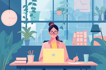 Wall Mural - Businesswoman seated on a chair and working with a laptop computer device in minimalist office workspace background, business infographics elements, girl works at office, work from home freelancer