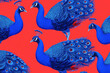 Group of colorful peacocks standing on vibrant red and orange background in a beautiful display of nature's beauty
