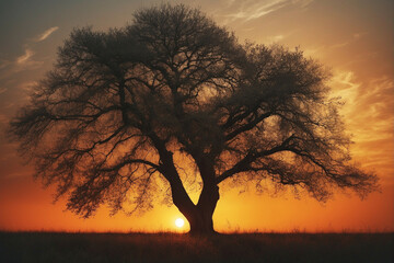 Wall Mural - Tree in a Field at Sunset
