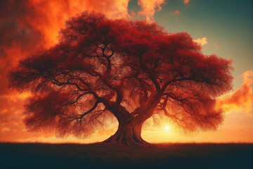 Wall Mural - Tree Silhouette With Sunset Background
