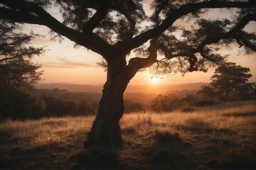 Wall Mural - Silhouette of a Tree Against a Golden Sunset Landscape