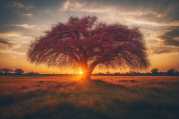 Wall Mural - Tree Silhouetted Against Setting Sun