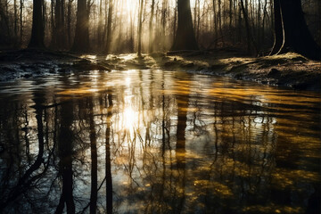 Wall Mural - Forest Trees Reflecting in a Calm Stream at Sunset