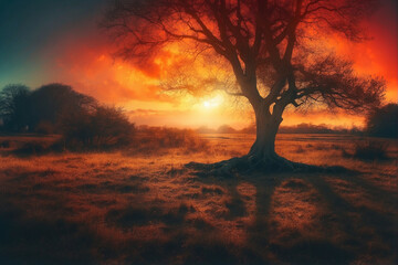Wall Mural - Tree Silhouetted Against a Vibrant Sunset Sky
