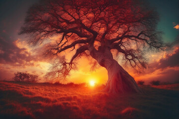 Wall Mural - A Tree in grassy Field at Sunset
