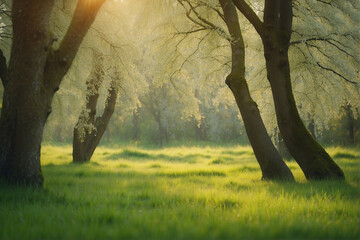 Poster - Springtime Sunlight Filtering Through Trees in a Lush Green Meadow