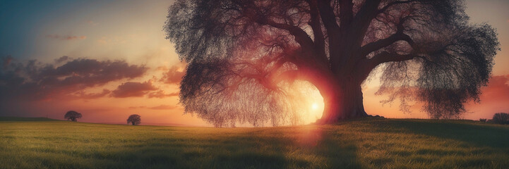 Canvas Print - Large Tree Silhouetted Against a Vivid Sunset Sky