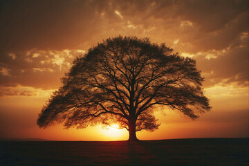 Wall Mural - A Silhouetted Tree Against a Vibrant Sunset Sky