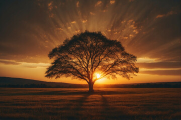 Wall Mural - Tree in Field at Sunset