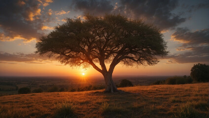 Wall Mural - a Tree in Field at Sunset