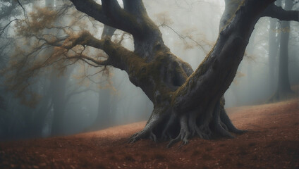 Canvas Print - A Mighty Oak Tree Stands Tall in a Misty Forest