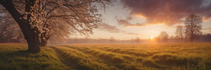 Wall Mural - Sun Setting Over Field of Grass