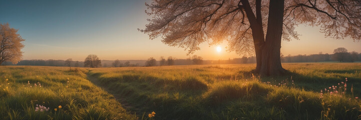 Wall Mural - Sun Setting Behind Tree in Field