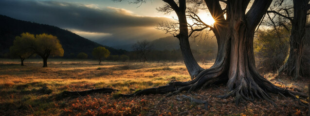 Wall Mural - The Sun Shining Through Trees in Field