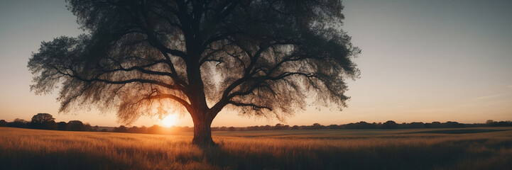 Wall Mural - Sun Setting Behind Tree in Field