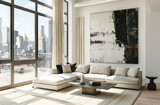 Fototapeta  - This modern, minimalist living room in an urban loft boasts expansive city views through floor-to-ceiling windows, complemented by a large abstract painting and sleek furnishings
