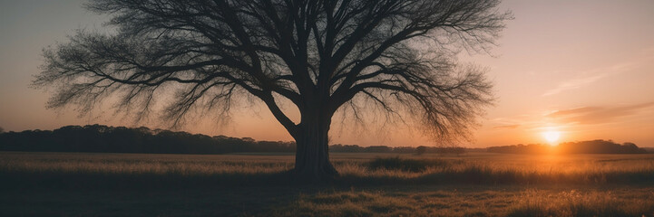 Wall Mural - Sun Setting Behind Tree in Field
