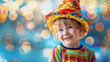 Festive banner with joyful toddler in a colorful clown costume with a ruffle hat, celebrating at a festive party with bokeh lights background. Generative AI