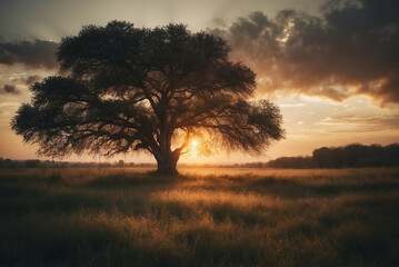 Wall Mural - Sun Setting Behind Tree in Field