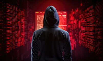 Poster - Backward perspective on cyber threats: hacker in digital mask. suitable for your digital security design