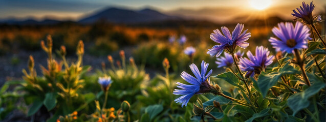 Wall Mural - Purple Flowers in Field at Sunset