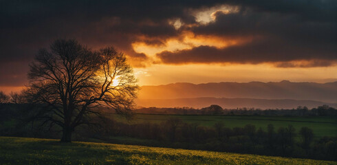 Wall Mural - Tree in Field With Sunset