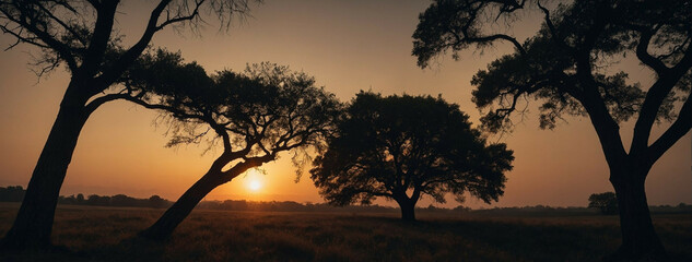 Wall Mural - Sun Setting Behind Trees in Field