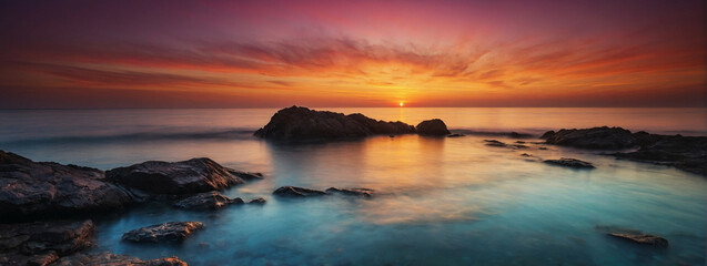 Canvas Print - Coastal Sunset With Silhouetted Rocks and Calm Water