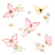 Watercolor vector set of pink peach butterflies and flowers. Excellent for wedding design, stationery, invitations, postcards. Hand painted illustration.