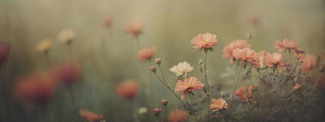 Wall Mural - A Soft Focus View of Red Wildflowers Blooming in a Summer Meadow