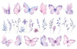 Pink violet butterflies vector clipart set. Wildflowers and herbs. Watercolor hand painted illustration. Party invitation, birthday, wedding design. Spring or summer decoration.
