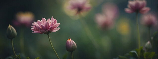 Wall Mural - A Single Pink Flower In Focus With Blurry Background of Other Pink Flowers